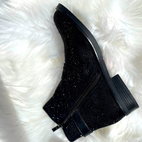 Italina Black Metallic Glitter Rhinestone Low Heel Comfy Slip-On Ankle Booties - Picture 2 of 6